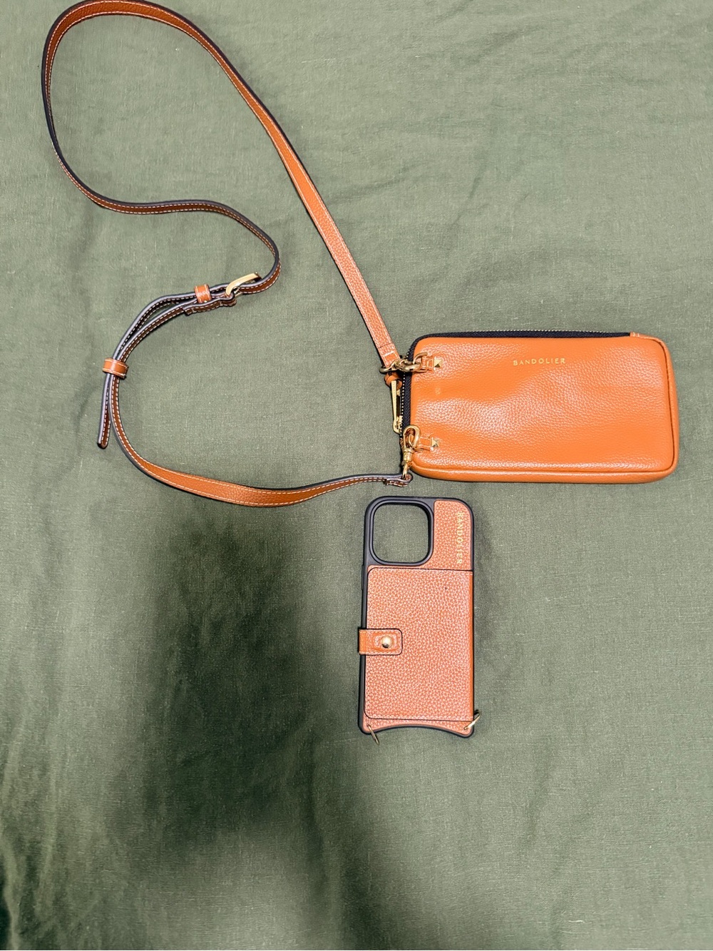 Bandolier Cognac Leather Crossbody Phone Case with Matching Pouch